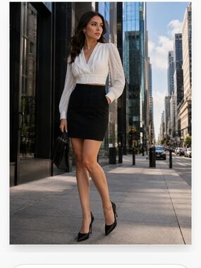 2 Pc Classic Black Pencil Skirt And White Blouse- Sleek Office-to-Evening Style